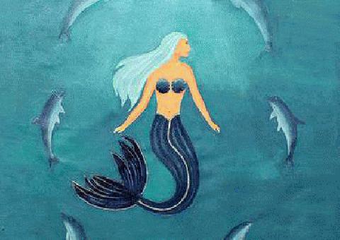 Delfín Escolta Sirena, original pintura al óleo sobre lienzo