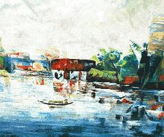 67x55 Original Firmado Impresionista Asiático Tropical Paisaje Urbano Pintura