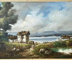 Mediados de Siglo Artista Firmado Italiano Lakeside Paisaje Pintura al Óleo