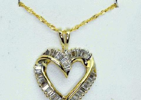 14K Amarillo Oro Macizo Baguette Diamante Corazón Colgante 18 Collar