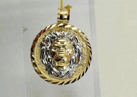 10K Oro Amarillo León Cara Dos Tonos Encanto Cabeza de León Colgante Redondo