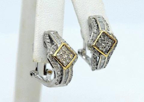 Plata de ley con 14K Oro Amarillo Acento Diamante Francés Clip Pendientes