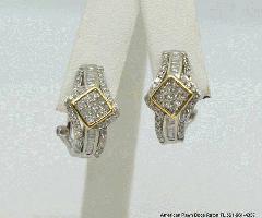 Plata de ley con 14K Oro Amarillo Acento Diamante Francés Clip Pendientes