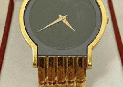 Vintage Movado 18kt Oro Amarillo Museo Reloj Negro Cara Oro Sólido