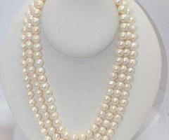 Blanco Redondo de Agua Dulce Collar de Perlas para las mujeres Gargantillas 3 Strands