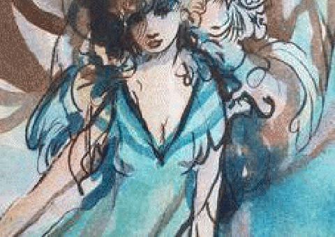 Cuadro-Firmado Acuarela de Mujer-Marco azul