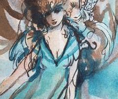 Cuadro-Firmado Acuarela de Mujer-Marco azul