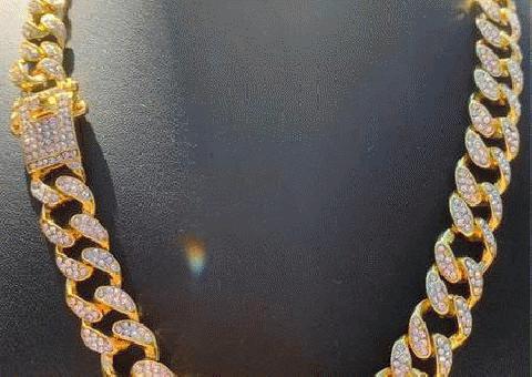 14K Chapado en Oro Completo Helado Simulado Diamante Miami Cadena de Eslabones Cubanos