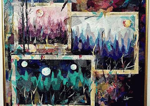 LILO KINNE Original Collage de Pintura Multidimensional 2 Soles 3 Lunas